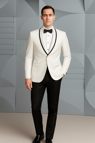 Mens Designer White & Black Trim Traditional Dinner Jacket Tuxedo